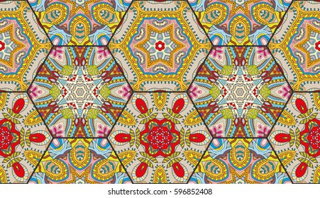 Colorful seamless pattern in mosaic style. Abstract hand drawn art, stylized floral doodle background. Tribal ethnic arabic, indian ornament. Vector patchwork quilt pattern. Textile fabric paper print