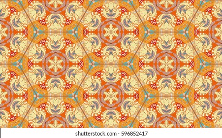 Colorful seamless pattern in mosaic style. Abstract hand drawn art, stylized floral doodle background. Tribal ethnic arabic, indian ornament. Vector patchwork quilt pattern. Textile fabric paper print