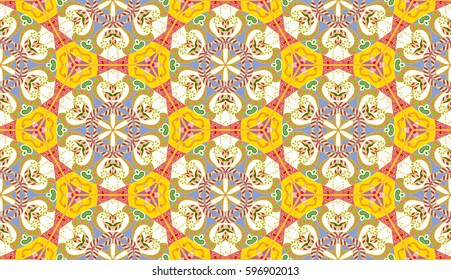 Colorful seamless pattern in mosaic style. Abstract hand drawn art, stylized floral doodle background. Tribal ethnic arabic, indian ornament. Vector patchwork quilt pattern. Textile fabric paper print