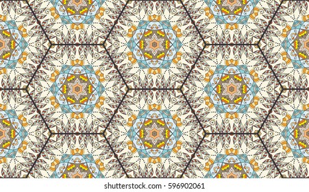 Colorful seamless pattern in mosaic style. Abstract hand drawn art, stylized floral doodle background. Tribal ethnic arabic, indian ornament. Vector patchwork quilt pattern. Textile fabric paper print