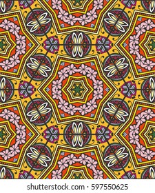 Colorful seamless pattern in mosaic style. Abstract hand drawn art, stylized floral doodle background. Tribal ethnic arabic, indian ornament. Vector patchwork quilt pattern. Textile fabric paper print