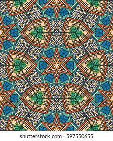 Colorful seamless pattern in mosaic style. Abstract hand drawn art, stylized floral doodle background. Tribal ethnic arabic, indian ornament. Vector patchwork quilt pattern. Textile fabric paper print