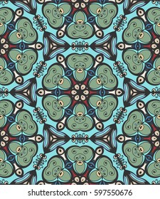 Colorful seamless pattern in mosaic style. Abstract hand drawn art, stylized floral doodle background. Tribal ethnic arabic, indian ornament. Vector patchwork quilt pattern. Textile fabric paper print