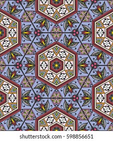 Colorful seamless pattern in mosaic style. Abstract hand drawn art, stylized floral doodle background. Tribal ethnic arabic, indian ornament. Vector patchwork quilt pattern. Textile fabric paper print