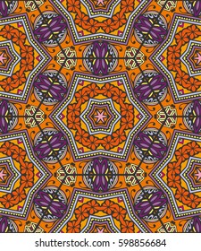 Colorful seamless pattern in mosaic style. Abstract hand drawn art, stylized floral doodle background. Tribal ethnic arabic, indian ornament. Vector patchwork quilt pattern. Textile fabric paper print