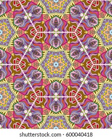Colorful seamless pattern in mosaic style. Abstract hand drawn art, stylized floral doodle background. Tribal ethnic arabic, indian ornament. Vector patchwork quilt pattern. Textile fabric paper print