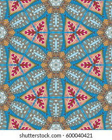 Colorful seamless pattern in mosaic style. Abstract hand drawn art, stylized floral doodle background. Tribal ethnic arabic, indian ornament. Vector patchwork quilt pattern. Textile fabric paper print