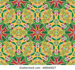 Colorful seamless pattern in mosaic style. Abstract hand drawn art, stylized floral doodle background. Tribal ethnic arabic, indian ornament. Vector patchwork quilt pattern. Textile fabric paper print