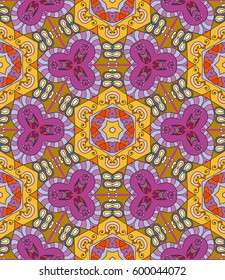 Colorful seamless pattern in mosaic style. Abstract hand drawn art, stylized floral doodle background. Tribal ethnic arabic, indian ornament. Vector patchwork quilt pattern. Textile fabric paper print