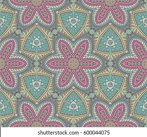 Colorful seamless pattern in mosaic style. Abstract hand drawn art, stylized floral doodle background. Tribal ethnic arabic, indian ornament. Vector patchwork quilt pattern. Textile fabric paper print