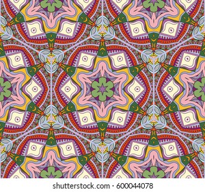 Colorful seamless pattern in mosaic style. Abstract hand drawn art, stylized floral doodle background. Tribal ethnic arabic, indian ornament. Vector patchwork quilt pattern. Textile fabric paper print