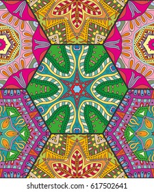 Colorful seamless pattern in mosaic style. Abstract hand drawn art, stylized floral doodle background. Tribal ethnic arabic, indian ornament. Vector patchwork quilt pattern. Textile fabric paper print