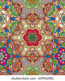 Colorful seamless pattern in mosaic style. Abstract hand drawn art, stylized floral doodle background. Tribal ethnic arabic, indian ornament. Vector patchwork quilt pattern. Textile fabric paper print