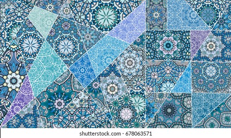 Colorful seamless pattern in mosaic style. Abstract hand drawn art, stylized floral doodle background. Tribal ethnic arabic, indian ornament. Vector patchwork quilt pattern. Textile fabric paper print