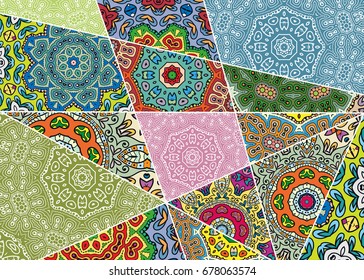 Colorful seamless pattern in mosaic style. Abstract hand drawn art, stylized floral doodle background. Tribal ethnic arabic, indian ornament. Vector patchwork quilt pattern. Textile fabric paper print