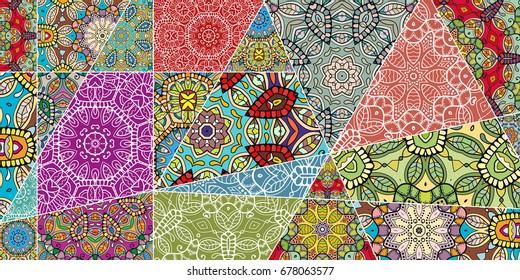 Colorful seamless pattern in mosaic style. Abstract hand drawn art, stylized floral doodle background. Tribal ethnic arabic, indian ornament. Vector patchwork quilt pattern. Textile fabric paper print
