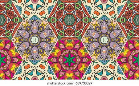 Colorful seamless pattern in mosaic style. Abstract hand drawn art, stylized floral doodle background. Tribal ethnic arabic, indian ornament. Vector patchwork quilt pattern. Textile fabric paper print