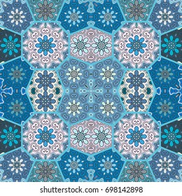 Colorful seamless pattern in mosaic style. Abstract hand drawn art, stylized floral doodle background. Tribal ethnic arabic, indian ornament. Vector patchwork quilt pattern. Textile fabric paper print