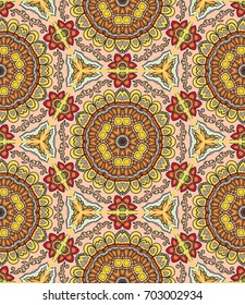 Colorful seamless pattern in mosaic style. Abstract hand drawn art, stylized floral doodle background. Tribal ethnic arabic, indian ornament. Vector patchwork quilt pattern. Textile fabric paper print