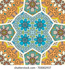 Colorful seamless pattern in mosaic style. Abstract hand drawn art, stylized floral doodle background. Tribal ethnic arabic, indian ornament. Vector patchwork quilt pattern. Textile fabric paper print
