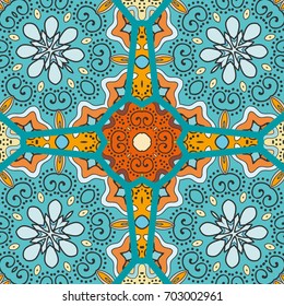 Colorful seamless pattern in mosaic style. Abstract hand drawn art, stylized floral doodle background. Tribal ethnic arabic, indian ornament. Vector patchwork quilt pattern. Textile fabric paper print