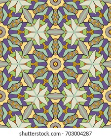 Colorful seamless pattern in mosaic style. Abstract hand drawn art, stylized floral doodle background. Tribal ethnic arabic, indian ornament. Vector patchwork quilt pattern. Textile fabric paper print