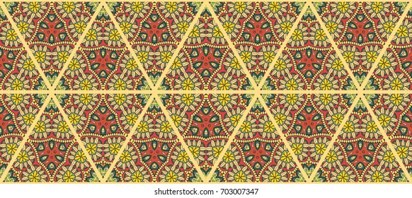 Colorful seamless pattern in mosaic style. Abstract hand drawn art, stylized floral doodle background. Tribal ethnic arabic, indian ornament. Vector patchwork quilt pattern. Textile fabric paper print