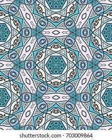 Colorful seamless pattern in mosaic style. Abstract hand drawn art, stylized floral doodle background. Tribal ethnic arabic, indian ornament. Vector patchwork quilt pattern. Textile fabric paper print