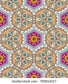 Colorful seamless pattern in mosaic style. Abstract hand drawn art, stylized floral doodle background. Tribal ethnic arabic, indian ornament. Vector patchwork quilt pattern. Textile fabric paper print