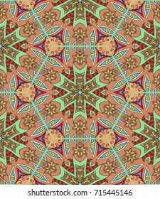 Colorful seamless pattern in mosaic style. Abstract hand drawn art, stylized floral doodle background. Tribal ethnic arabic, indian ornament. Vector patchwork quilt pattern. Textile fabric paper print