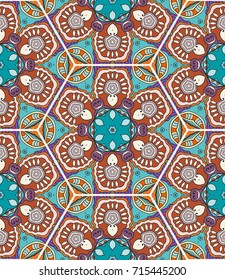 Colorful seamless pattern in mosaic style. Abstract hand drawn art, stylized floral doodle background. Tribal ethnic arabic, indian ornament. Vector patchwork quilt pattern. Textile fabric paper print