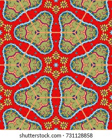 Colorful seamless pattern in mosaic style. Abstract hand drawn art, stylized floral doodle background. Tribal ethnic arabic, indian ornament. Vector patchwork quilt pattern. Textile fabric paper print