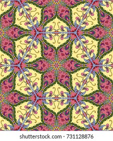 Colorful seamless pattern in mosaic style. Abstract hand drawn art, stylized floral doodle background. Tribal ethnic arabic, indian ornament. Vector patchwork quilt pattern. Textile fabric paper print