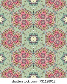 Colorful seamless pattern in mosaic style. Abstract hand drawn art, stylized floral doodle background. Tribal ethnic arabic, indian ornament. Vector patchwork quilt pattern. Textile fabric paper print