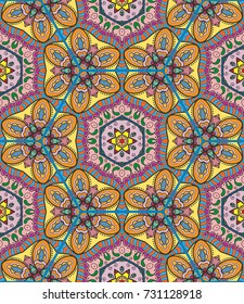 Colorful seamless pattern in mosaic style. Abstract hand drawn art, stylized floral doodle background. Tribal ethnic arabic, indian ornament. Vector patchwork quilt pattern. Textile fabric paper print
