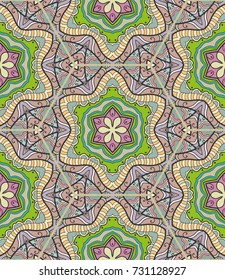 Colorful seamless pattern in mosaic style. Abstract hand drawn art, stylized floral doodle background. Tribal ethnic arabic, indian ornament. Vector patchwork quilt pattern. Textile fabric paper print