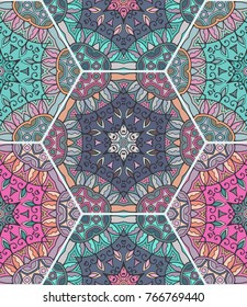 Colorful seamless pattern in mosaic style. Abstract hand drawn art, stylized floral doodle background. Tribal ethnic arabic, indian ornament. Vector patchwork quilt pattern. Textile fabric paper print