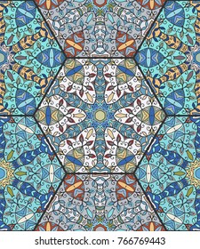 Colorful seamless pattern in mosaic style. Abstract hand drawn art, stylized floral doodle background. Tribal ethnic arabic, indian ornament. Vector patchwork quilt pattern. Textile fabric paper print