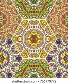 Colorful seamless pattern in mosaic style. Abstract hand drawn art, stylized floral doodle background. Tribal ethnic arabic, indian ornament. Vector patchwork quilt pattern. Textile fabric paper print