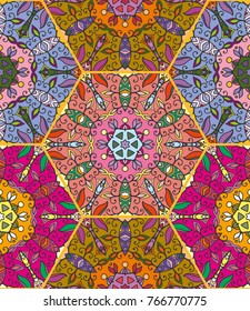 Colorful seamless pattern in mosaic style. Abstract hand drawn art, stylized floral doodle background. Tribal ethnic arabic, indian ornament. Vector patchwork quilt pattern. Textile fabric paper print