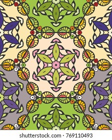 Colorful seamless pattern in mosaic style. Abstract hand drawn art, stylized floral doodle background. Tribal ethnic arabic, indian ornament. Vector patchwork quilt pattern. Textile fabric paper print
