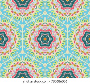 Colorful seamless pattern in mosaic style. Abstract hand drawn art, stylized floral doodle background. Tribal ethnic arabic, indian ornament. Vector patchwork quilt pattern. Textile fabric paper print