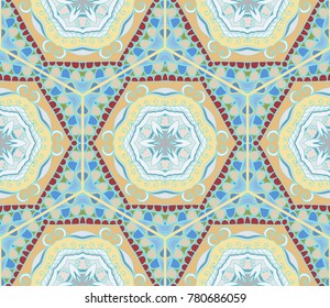 Colorful seamless pattern in mosaic style. Abstract hand drawn art, stylized floral doodle background. Tribal ethnic arabic, indian ornament. Vector patchwork quilt pattern. Textile fabric paper print