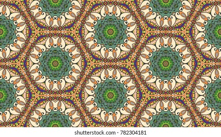 Colorful seamless pattern in mosaic style. Abstract hand drawn art, stylized floral doodle background. Tribal ethnic arabic, indian ornament. Vector patchwork quilt pattern. Textile fabric paper print