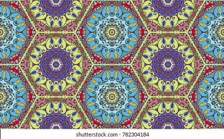 Colorful seamless pattern in mosaic style. Abstract hand drawn art, stylized floral doodle background. Tribal ethnic arabic, indian ornament. Vector patchwork quilt pattern. Textile fabric paper print