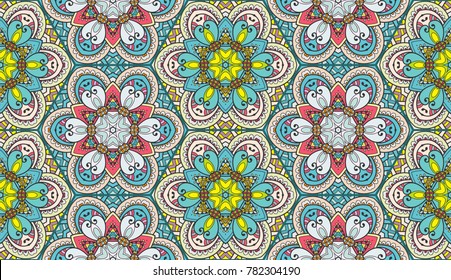 Colorful seamless pattern in mosaic style. Abstract hand drawn art, stylized floral doodle background. Tribal ethnic arabic, indian ornament. Vector patchwork quilt pattern. Textile fabric paper print