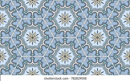 Colorful seamless pattern in mosaic style. Abstract hand drawn art, stylized floral doodle background. Tribal ethnic arabic, indian ornament. Vector patchwork quilt pattern. Textile fabric paper print