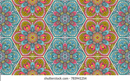 Colorful seamless pattern in mosaic style. Abstract hand drawn art, stylized floral doodle background. Tribal ethnic arabic, indian ornament. Vector patchwork quilt pattern. Textile fabric paper print