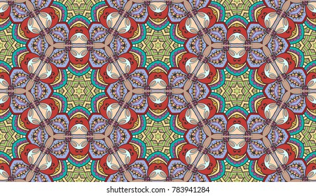 Colorful seamless pattern in mosaic style. Abstract hand drawn art, stylized floral doodle background. Tribal ethnic arabic, indian ornament. Vector patchwork quilt pattern. Textile fabric paper print