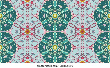 Colorful seamless pattern in mosaic style. Abstract hand drawn art, stylized floral doodle background. Tribal ethnic arabic, indian ornament. Vector patchwork quilt pattern. Textile fabric paper print